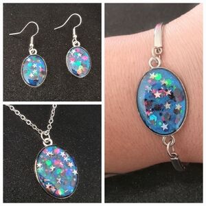 Blue purple color shift star multicolor glitter earrings necklace bracelet Set
